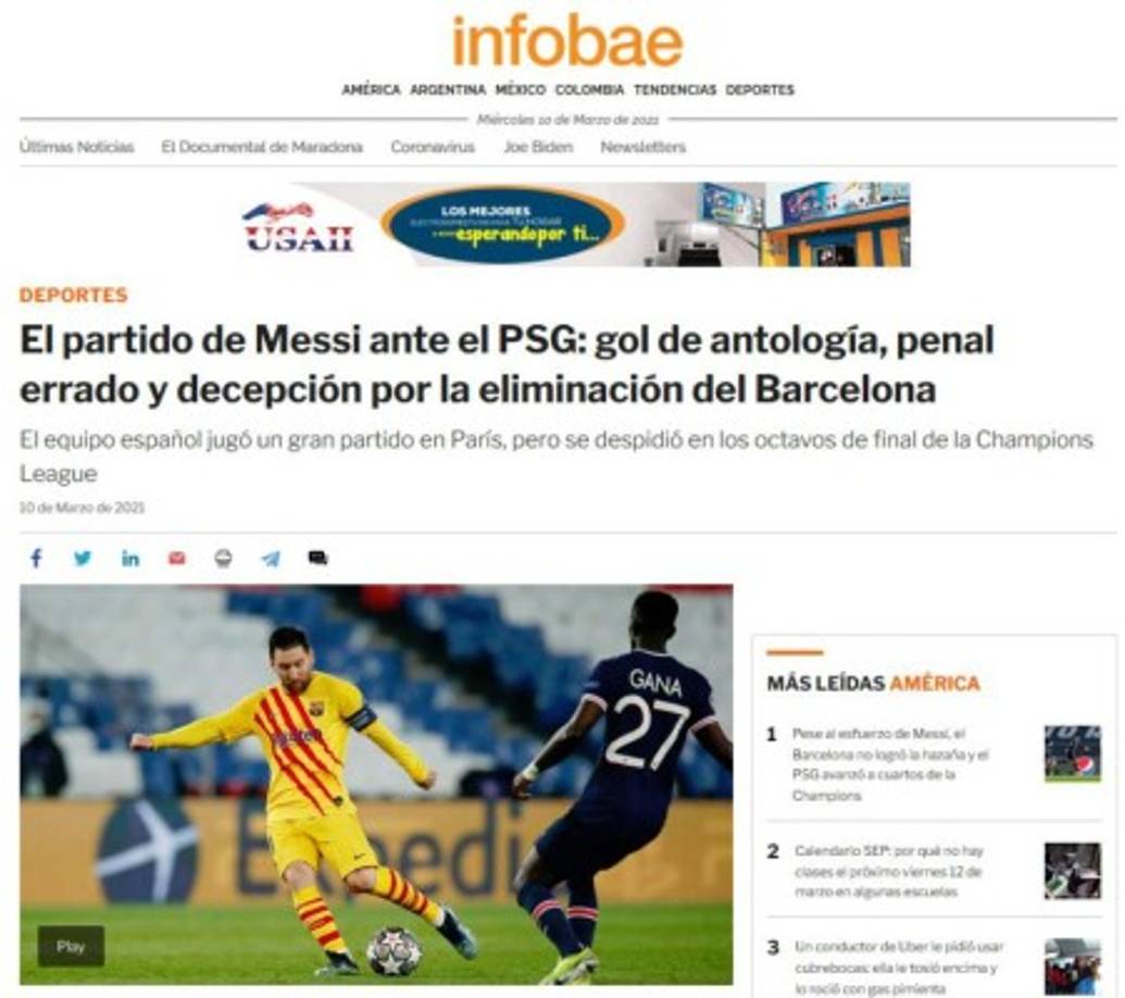 Infobae, de Argentina, destaca el 'gol de antología' del astro argentino y la sombra tras el penal errado, que sentenció la debacle catalana en Francia.
