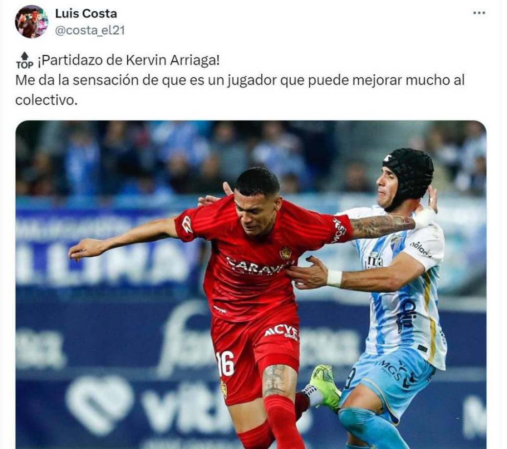 Los aficionados del Zaragoza también están encantados con el hondureño Kervin Arriaga. Así lo elogian en redes sociales.