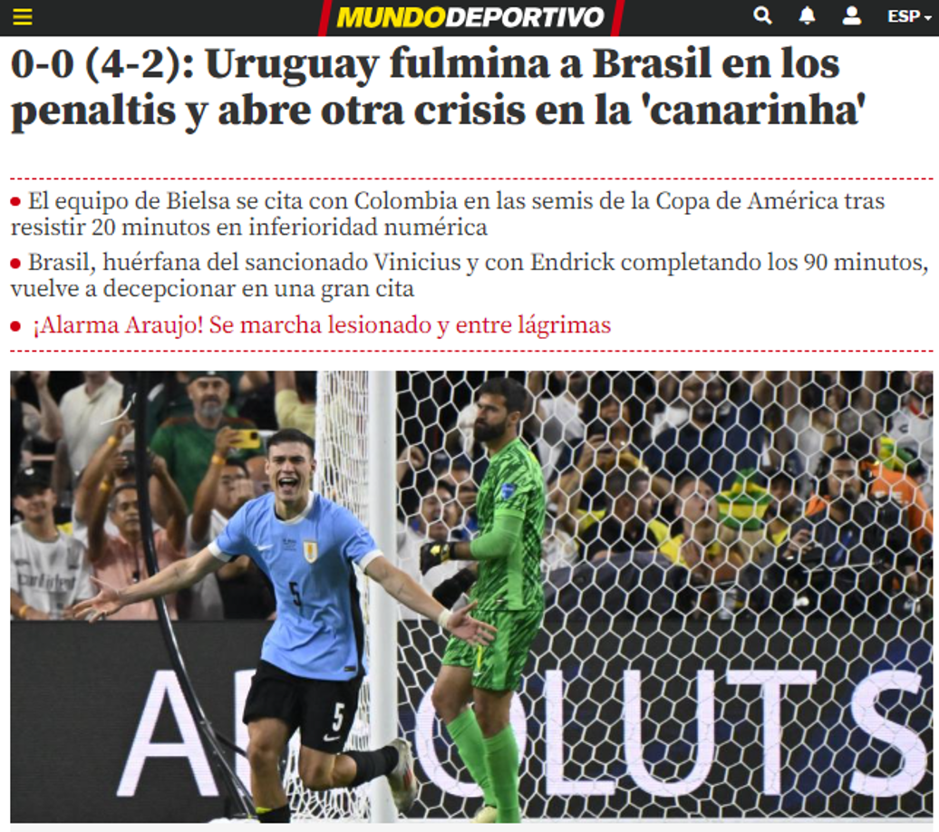 “Uruguay fulmina a Brasil en los penaltis y abre otra crisis en la ‘canarinha’”, Mundo Deportivo de España.