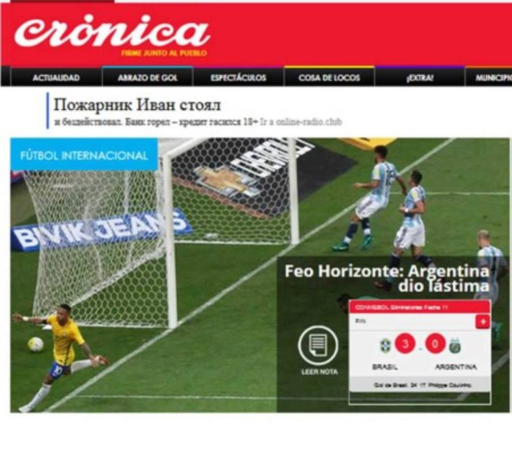Diario Crónica: 'Feo Horizonte: Argentina dio lástima y perdió con Brasil':
