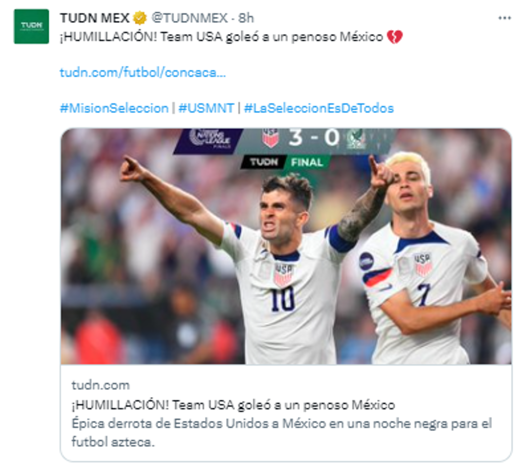 TUDN: “¡HUMILLACIÓN! Team USA goleó a un penoso México”.