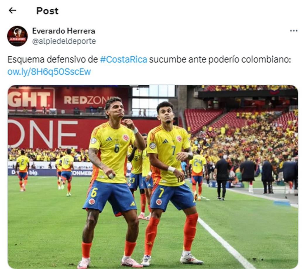 El sitio web costarricense Everardo Herrera - “Esquema defensivo de #CostaRica sucumbe ante poderío colombiano”.