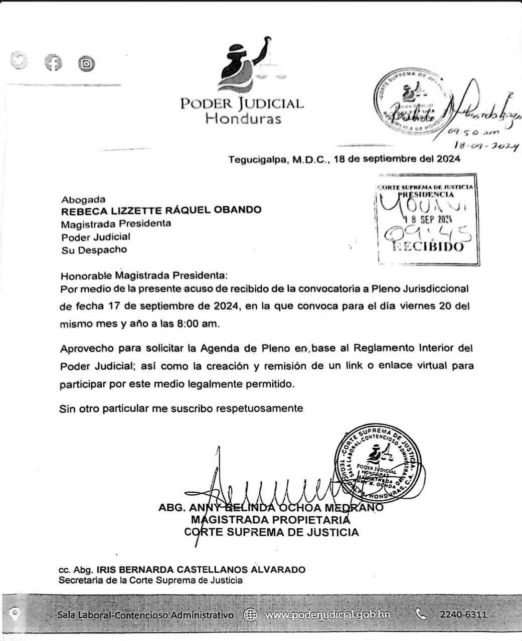 La petición de unirse de forma virtual por la magistrada Ochoa.