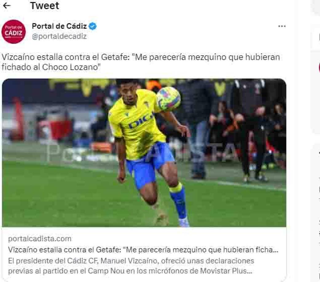 Vizcaíno estalla contra el Getafe: “Me parecería mezquino que hubieran fichado al Choco Lozano”, indica Portal del Cádiz.