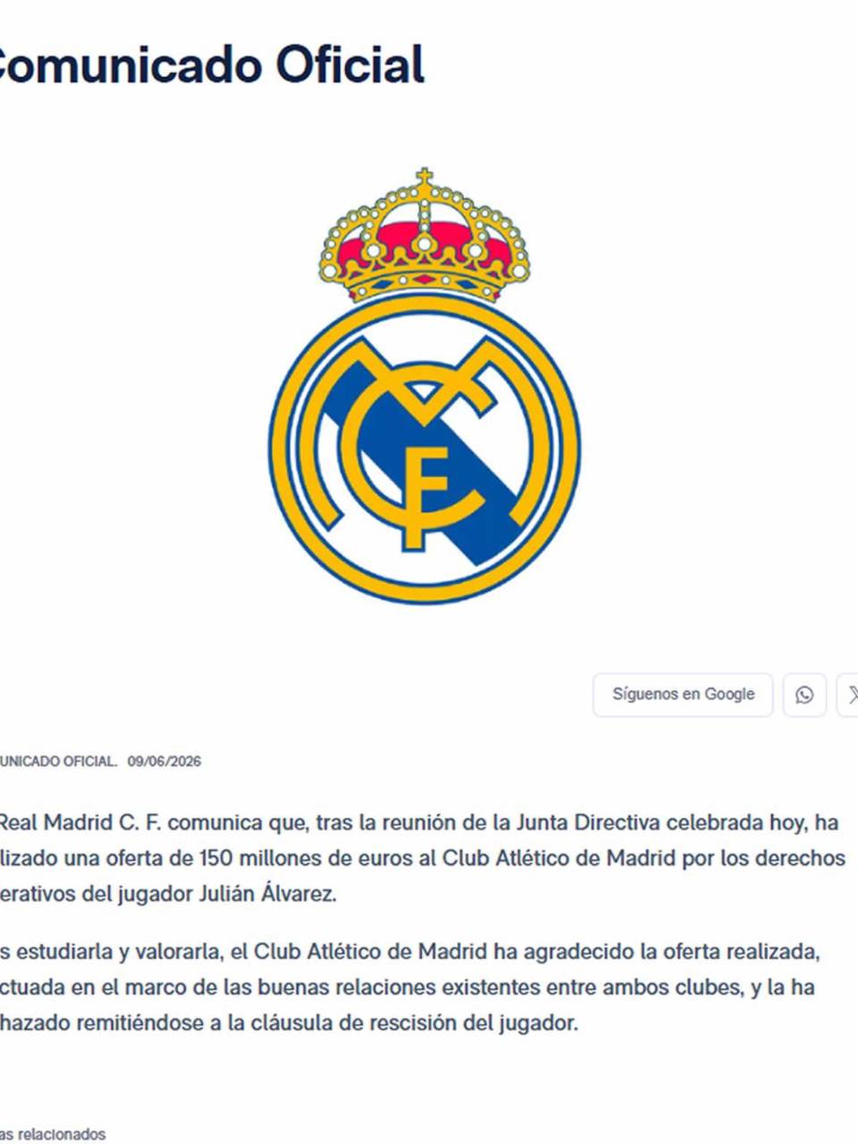 El comunicado del Real Madrid sobre la oferta por Julián Álvarez.