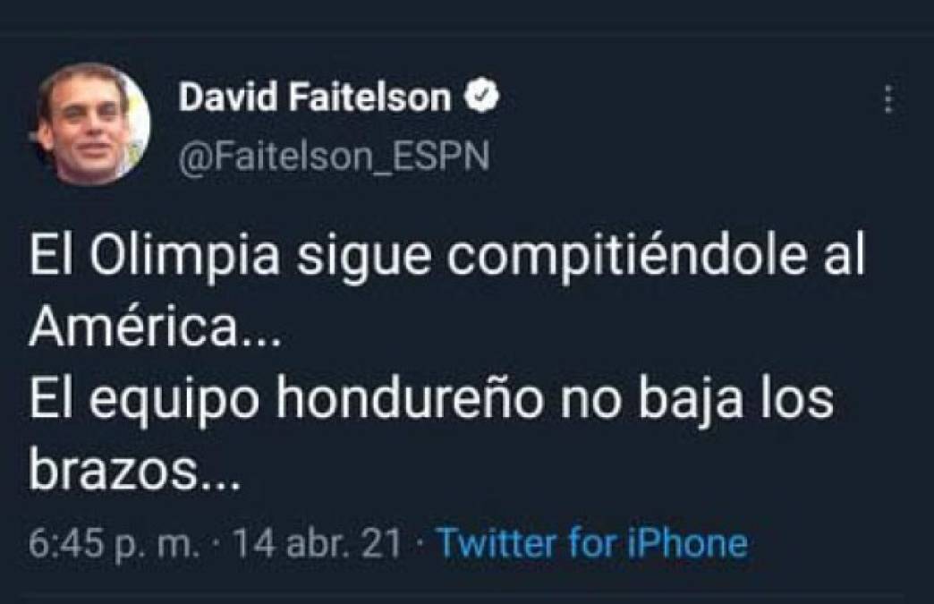 David Faitelson: El periodista de ESPN estuvo muy activo en sus redes sociales durante el juego y destacó que el Olimpia le compitió al América en el Azteca.