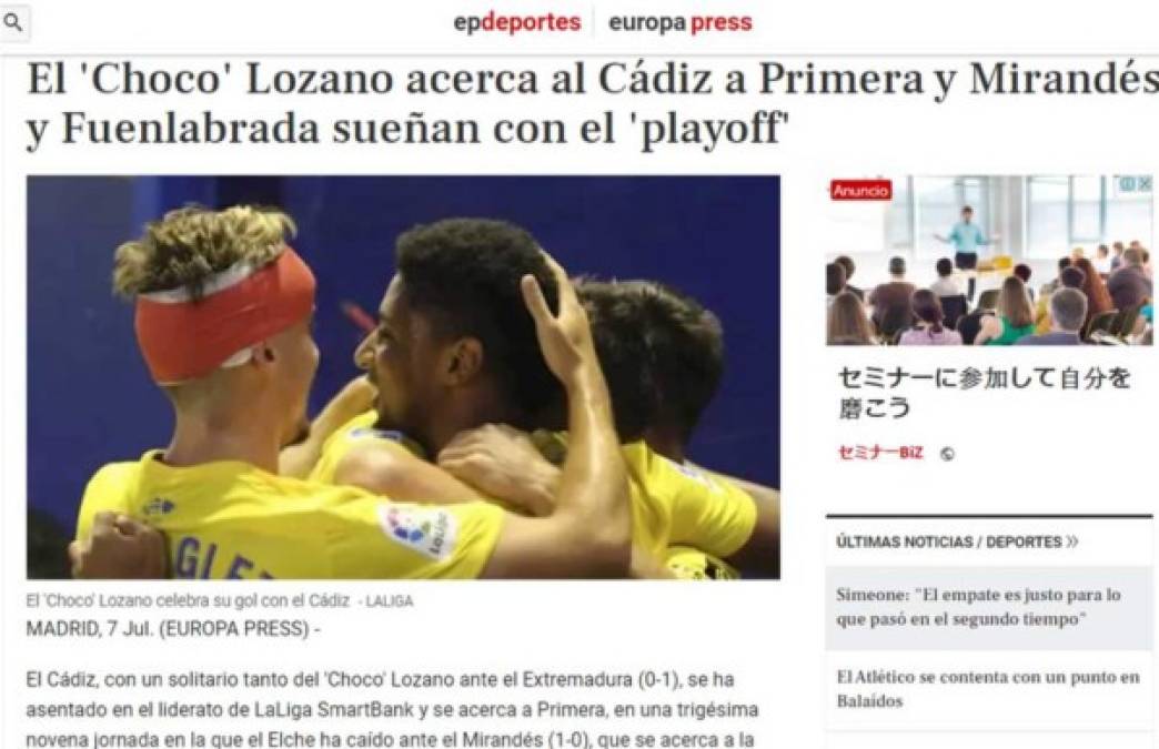 Europa Press: 'El 'Choco' Lozano acerca al Cádiz a Primera'. El Cádiz, con un solitario tanto del 'Choco' Lozano ante el Extremadura (0-1), se ha asentado en el liderato de LaLiga SmartBank y se acerca a Primera'.