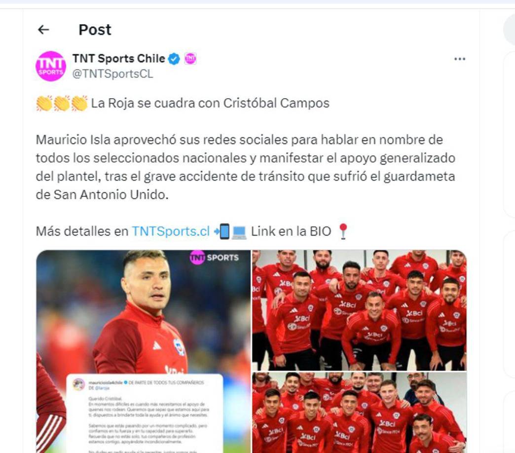 En la selección de Chile han mandado mensajes de apoyo para el portero Cristóbal Campos.