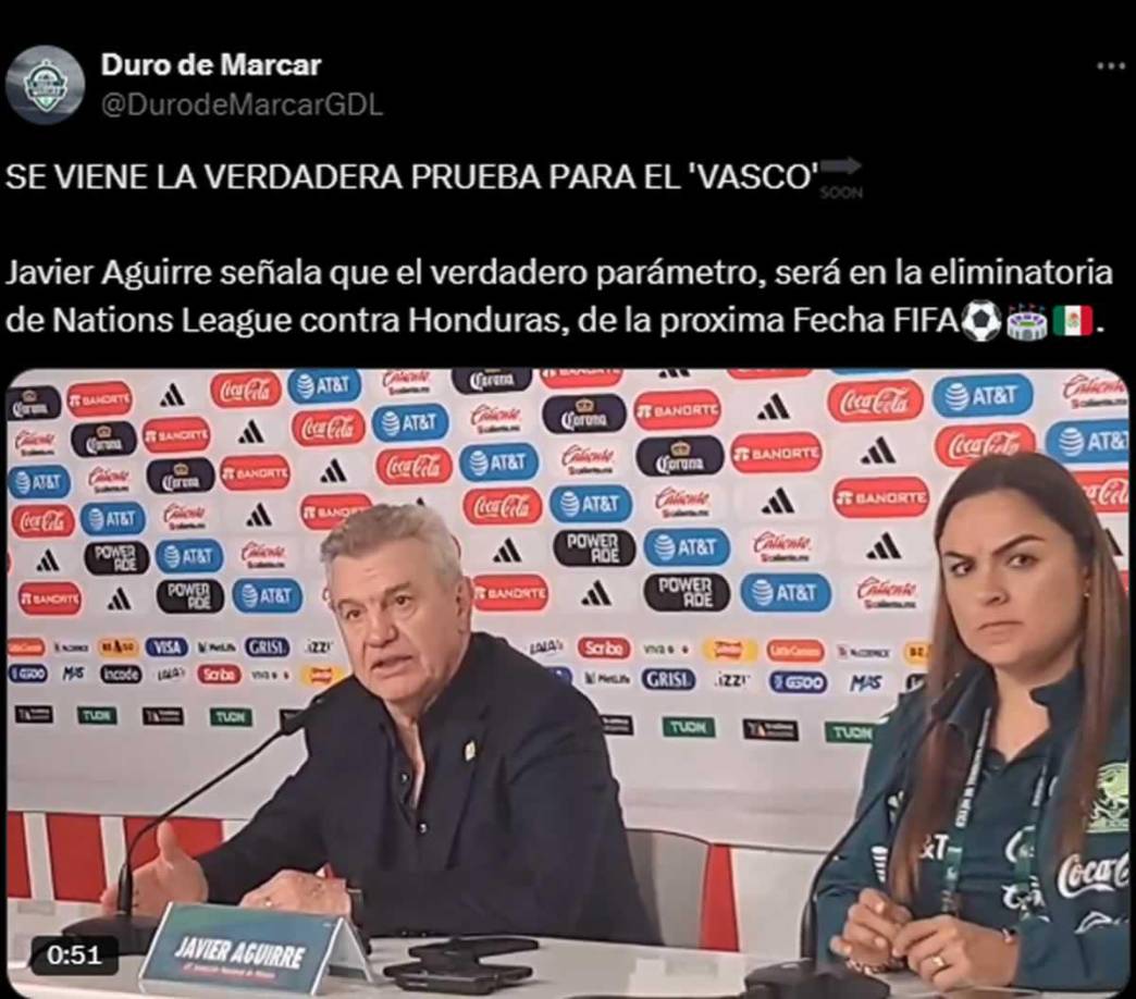 La página noticias.jaliscotv.com asegura que ante Honduras “se viene la verdadera prueba para el ‘Vasco‘” Aguirre, quien señaló que el verdadero parámetro para medir a México será en la eliminatoria de Nations League contra Honduras.