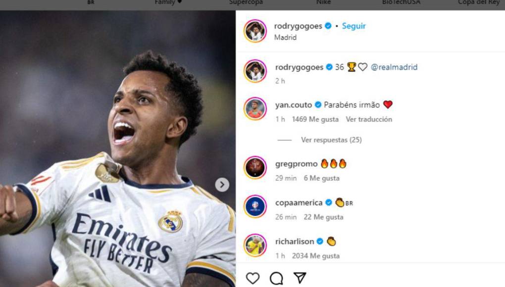 El brasileño Rodrygo festejó en sus redes sociales la obtención de la Liga 36 del Real Madrid.