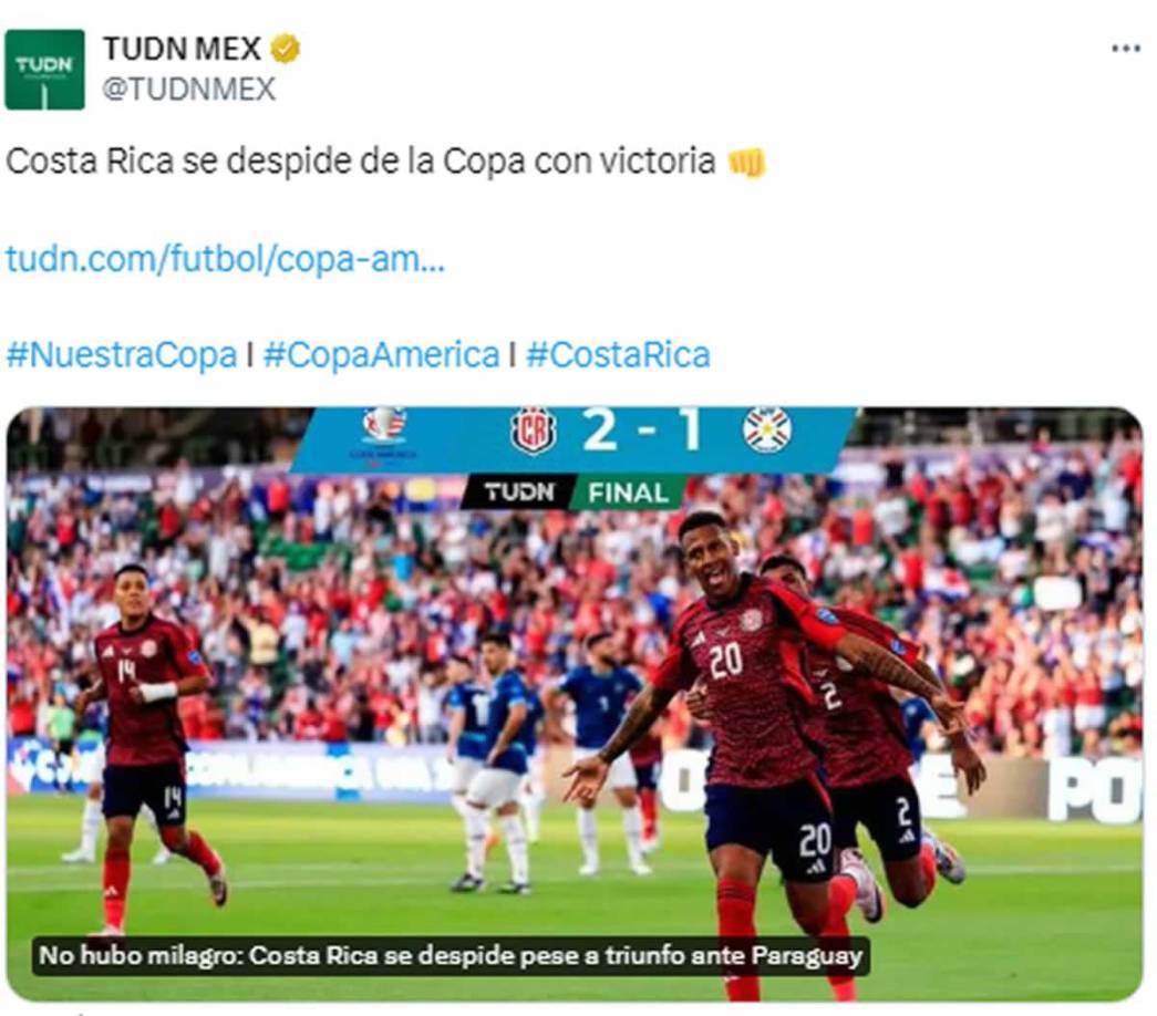 TUDN de México - “No hubo milagro: Costa Rica se despide de la Copa con victoria”.