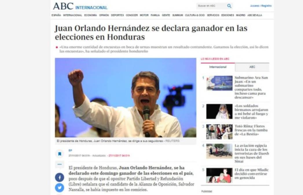 En la página web de ABC.es destacan las declaraciones de Juan Orlando Hernández: 'Una enorme cantidad de encuestas en boca de urnas muestran un resultado contundente. Ganamos la elección, así lo dicen las encuestas'.