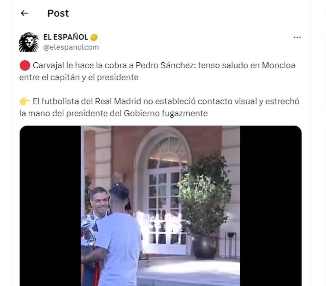 Dani Carvajal ha provocado revuelo en redes sociales por su feo gesto con el presidente Pedro Sánchez de España.