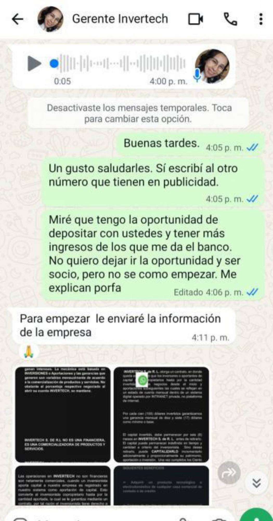 Primera comunicación de la gerente regional de Invertech para enviar información acerca de su proyecto financiero.