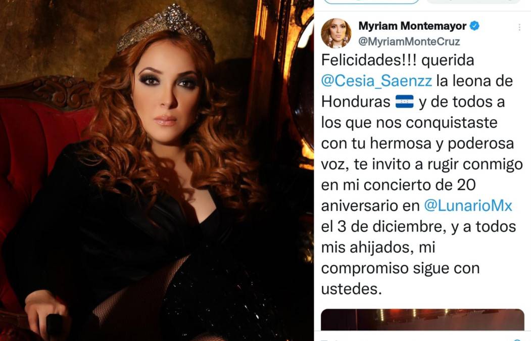 Por si fuera poco, Myriam Montemayor no solo felicitó a la guapa catracha, sino también la invitó a cantar en uno de sus conciertos que tendrá en diciembre.
