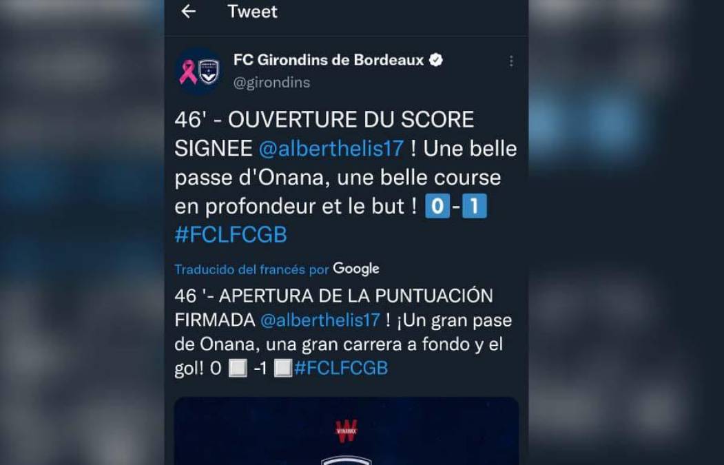 El FC Girondins de Burdeos destacó la gran velocidad que tuvo Alberth Elis en el momento que marcó su primer tanto.