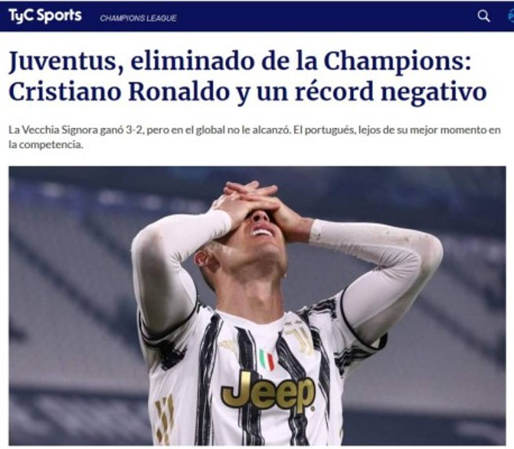 TyC Sports, de Argentina, también señala el negativo récord de Ronaldo, que salió frustrado, tras no gozar de opciones claras ni definición de cara al arco de Marchesín.