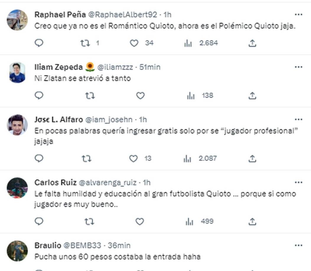 Los mensajes de usuarios en Twitter criticando a Romell Quioto por lo que dijo y por no querer pagar una entrada al estadio de Río Lindo.