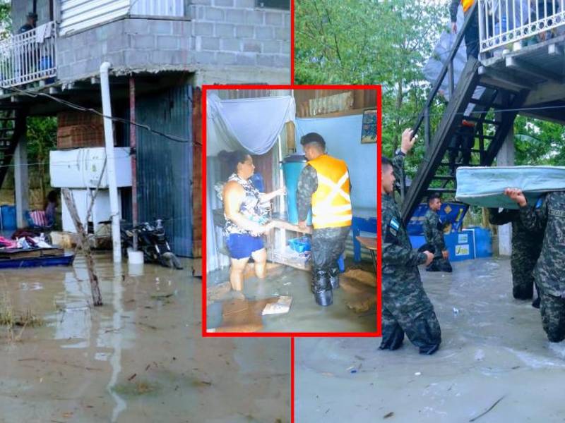 Personal Militar del Tercer Batallón de Infantería realizan la instalación de tiendas de campaña y apoyan con la evacuación de ciudadanos afectados por inundación en el Barrio Sinaí del Municipio de Potrerillos, Cortés.
