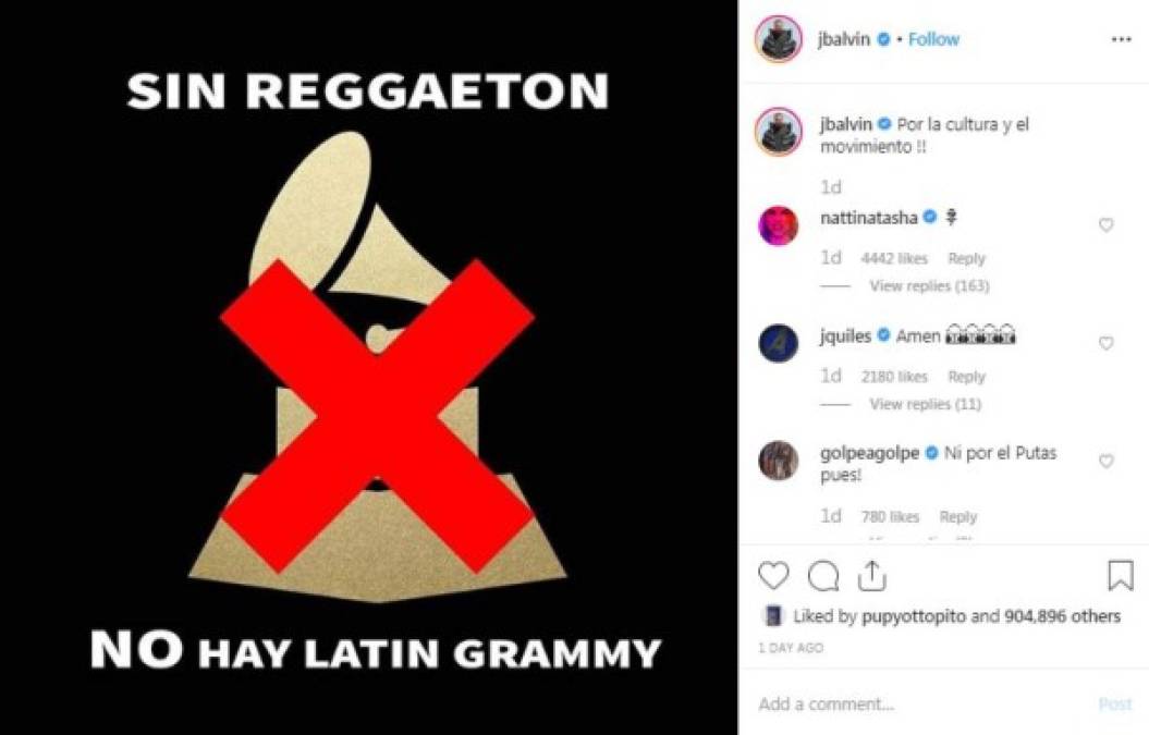 'Sin reggaetón no hay Latin Grammy', compartió el cantante junto a una foto del famoso gramófono dorado de los premios tachados con una gran equis roja.<br/><br/>Más tarde Balvin aclaró que su intento no es demeritar el trabajo del resto de nominados o los otros géneros, solo pide respeto para su género.<br/>