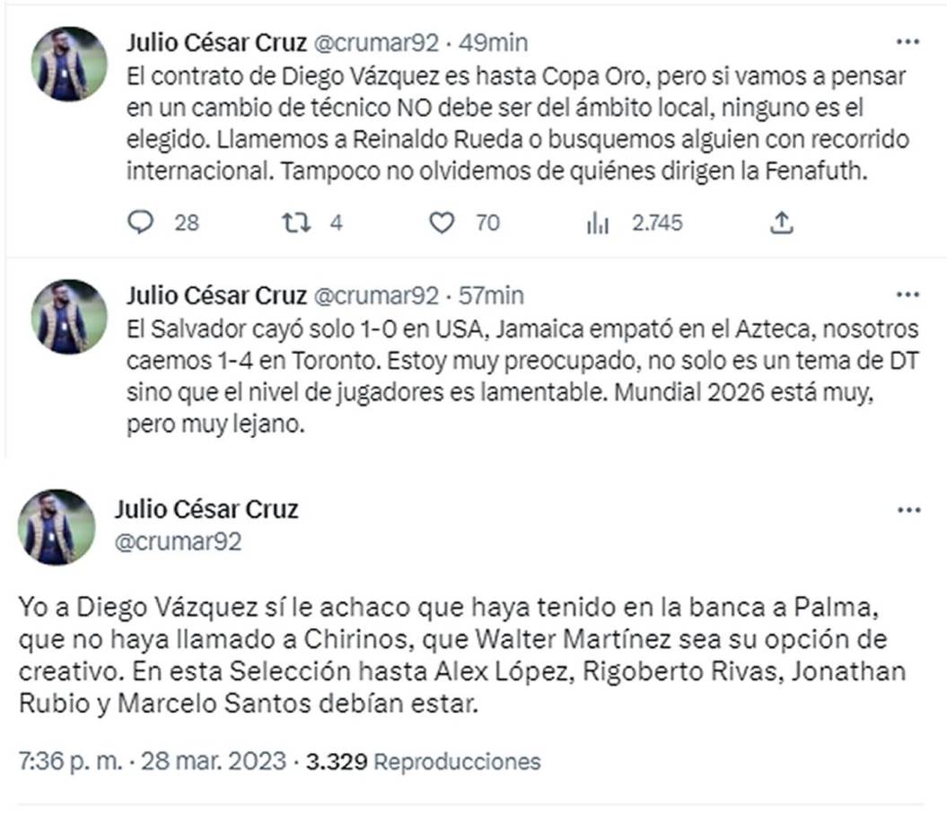 Julio Cruz, periodista de El Heraldo: “Yo a Diego Vázquez sí le achaco que haya tenido en la banca a Palma, que no haya llamado a Chirinos, que Walter Martínez sea su opción de creativo. En esta Selección hasta Alex López, Rigoberto Rivas, Jonathan Rubio y Marcelo Santos debían estar”.