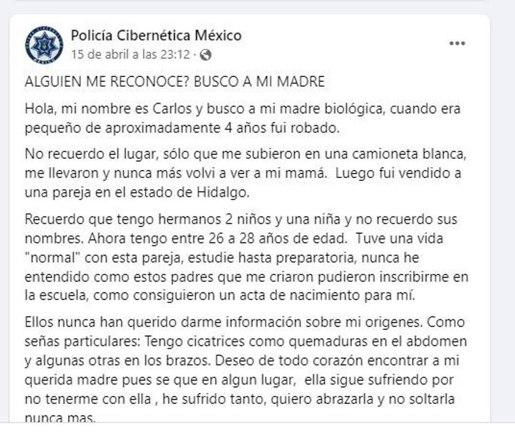 “¿Alguien me reconoce? Busco a mi madre”, comienza el relato. 