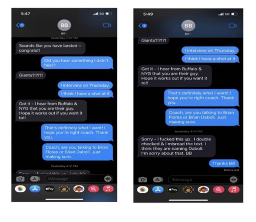 Según explica en la demanda presentada en una corte federal de Nueva York, Flores tenía una entrevista con los Giants el jueves 27 de enero, pero días antes recibió estos mensajes de Bill Belichick, entrenador de los Patriots y antiguo jefe de Flores.