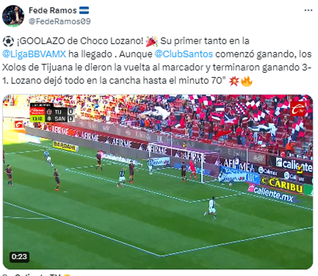 Choco Lozano marcó su segundo gol con el Santos y el primero en Liga MX. 