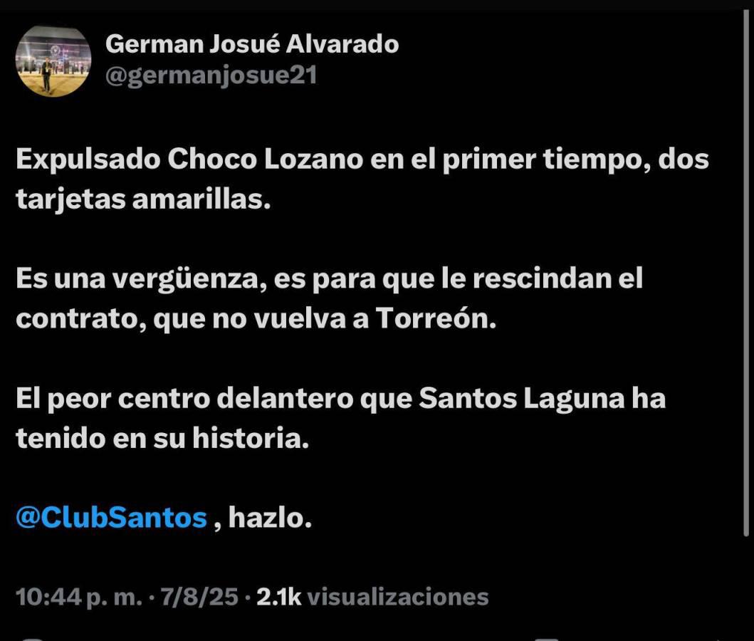 Choco Lozano provoca enfado tras expulsión en Santos y esto dicen en México