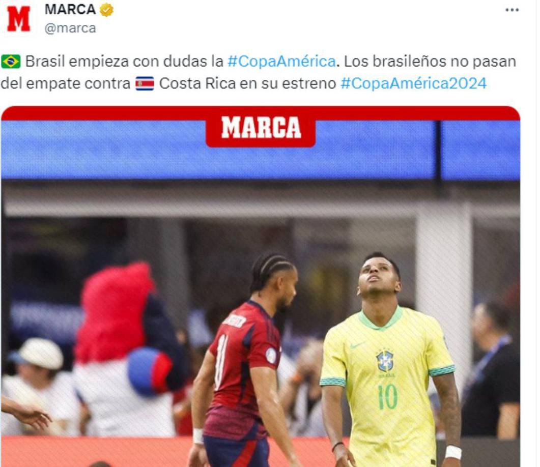 Diario Marca: “Brasil empieza con dudas la Copa América. Los brasileños no pasan del empate contra Costa Rica”.