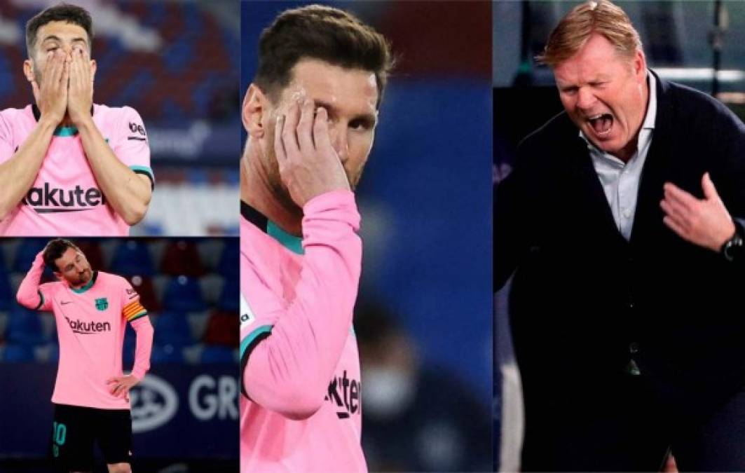 Barcelona cedió un amargo empate de 3-3 ante Levante y dejó escapar la oportunidad de colocarse como líder provisional. Lionel Messi y sus compañeros salieron cabizbajos; mientras que la bronca en Koeman era evidente. Fotos EFE Y AFP.