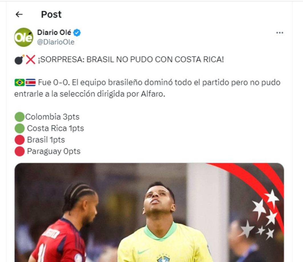 Diario Olé de Argentina: “Sorpresa, Brasil no pudo con Costa Rica.”