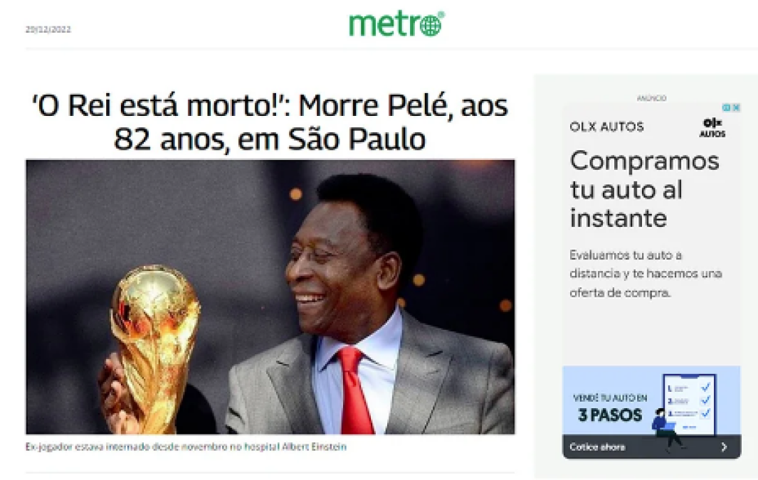 Metro de Brasil: “Muere Pelé, a los 82 años, en Sao Paulo.