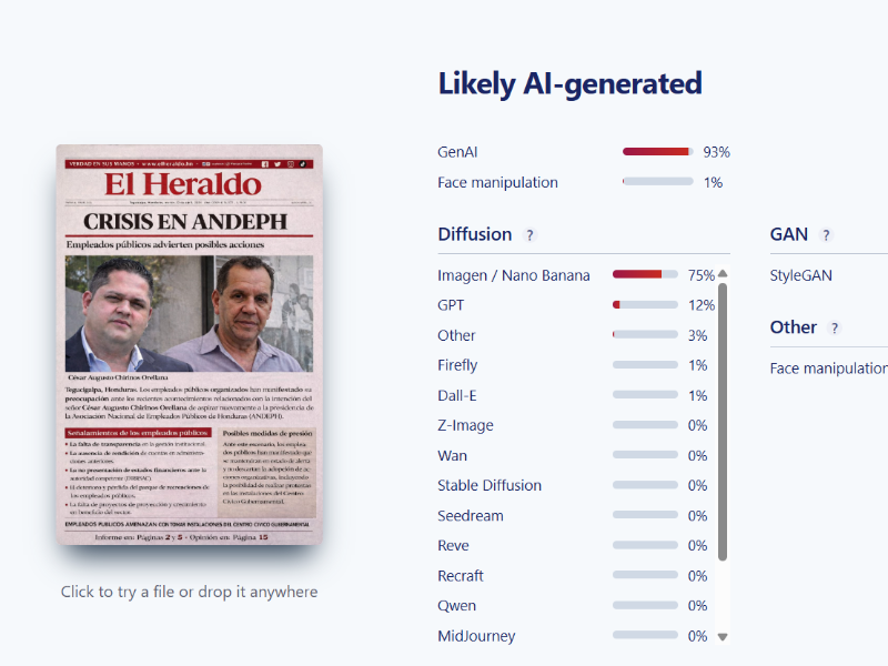 Captura de pantalla a los resultados de la herramienta Sightengine, especializada en la detección de contenido digital.