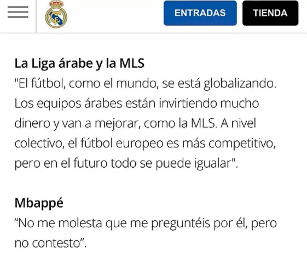 La página web del Real Madrid menciona a Mbappé.
