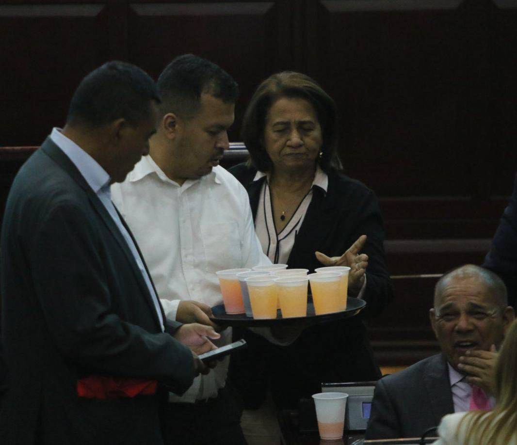Un empleado del Congreso Nacional reparte vasos de refrescos a los diputados del Congreso Nacional.