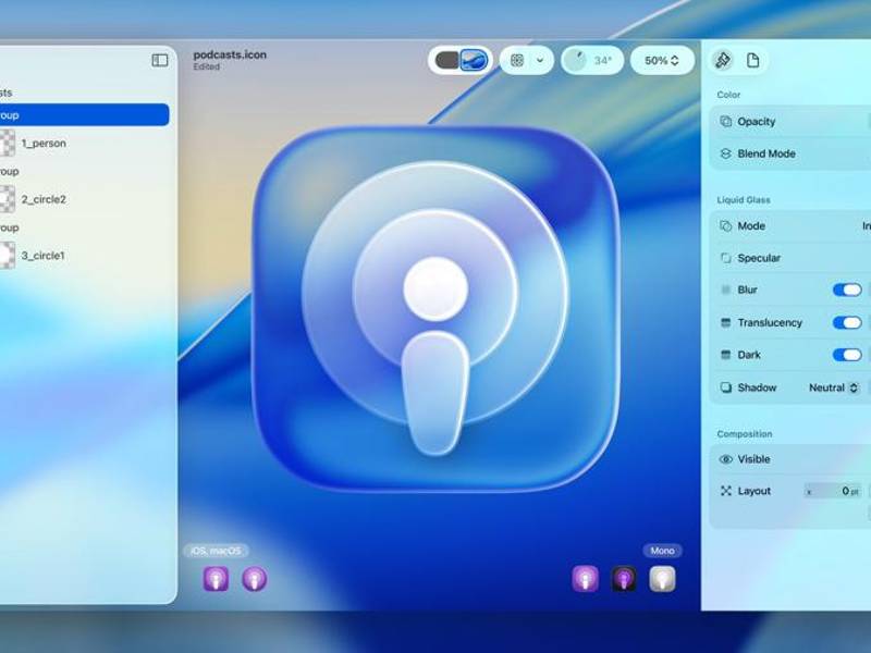 Foto proporcionada por Apple Inc. que muestra el software Liquid Glass de Apple, el cual permite a los desarrolladores crear íconos multiplataforma que se renderizan en apariencia clara, oscura, tintada o transparente.
