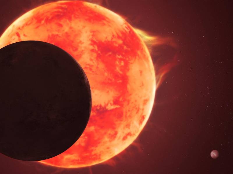 Concepción artística de Trappist-1 d pasando frente a su estrella enana roja.