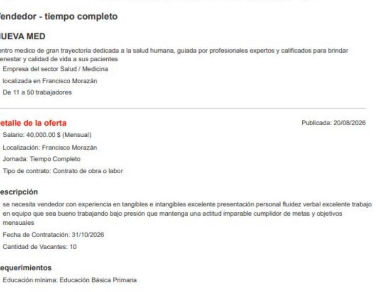 Oferta laboral publicada por Nueva Med en sitios web de empleo. La plaza anunciada corresponde a asesores de ventas, aunque, según la investigación, estos trabajadores se presentaban ante los pacientes como médicos.