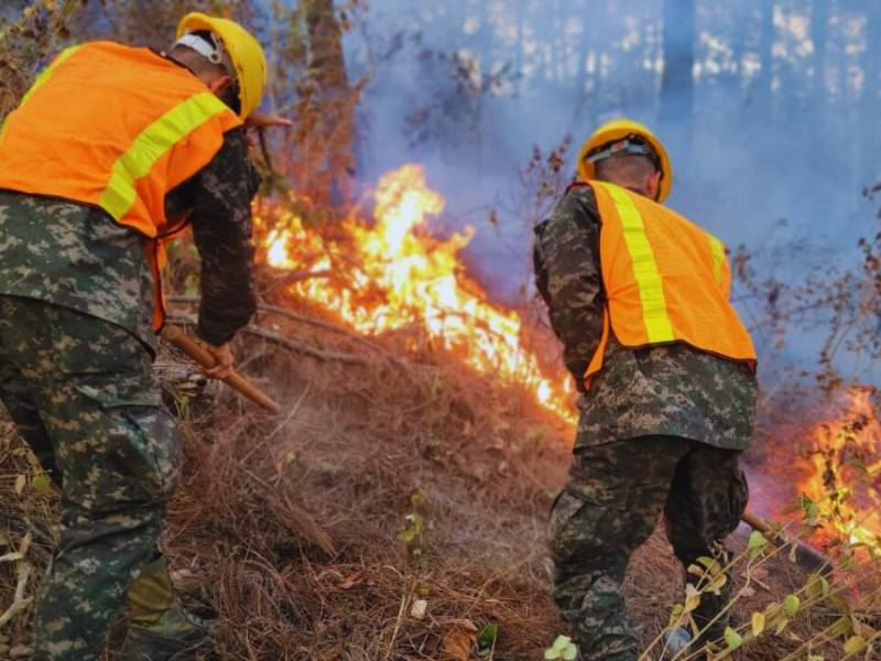 <b>Cuadrillas del Batallón Ambiental se han sumado a las municipales y comunitarias del municipio para contrarrestar el avance del fuego. Varios miembros de las cuadrillas han resultado con lesiones y reportan fatiga extrema por el largo tiempo que llevan en las tareas.</b>