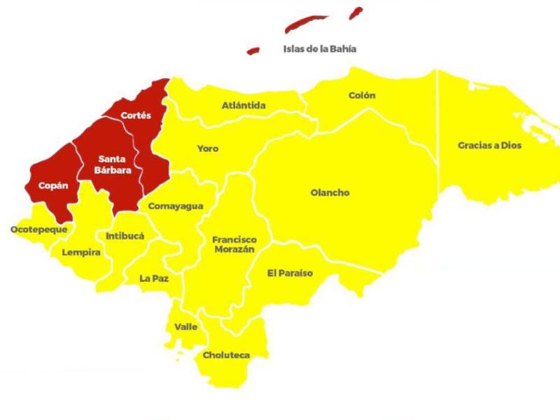 Vista geográfica de las alertas en los 18 departamentos de Honduras emitida por la Secretaría de Gestión de Riesgos y Contingencias Nacionales.