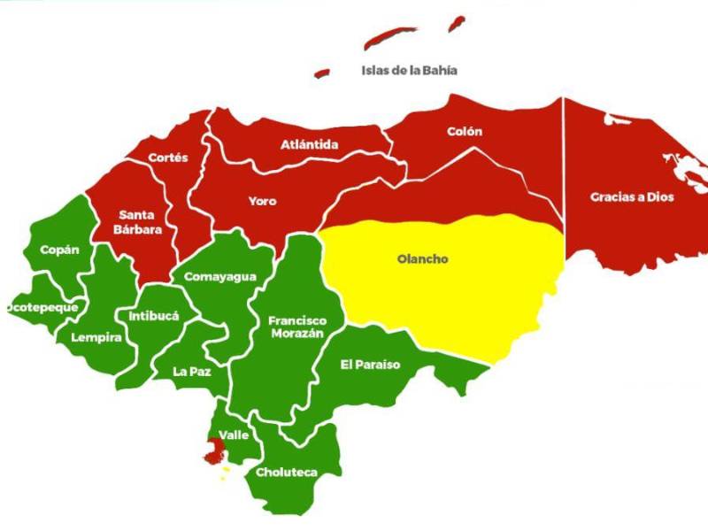 Mapa de Honduras con alertas verde, amarilla y roja emitida por Copeco.