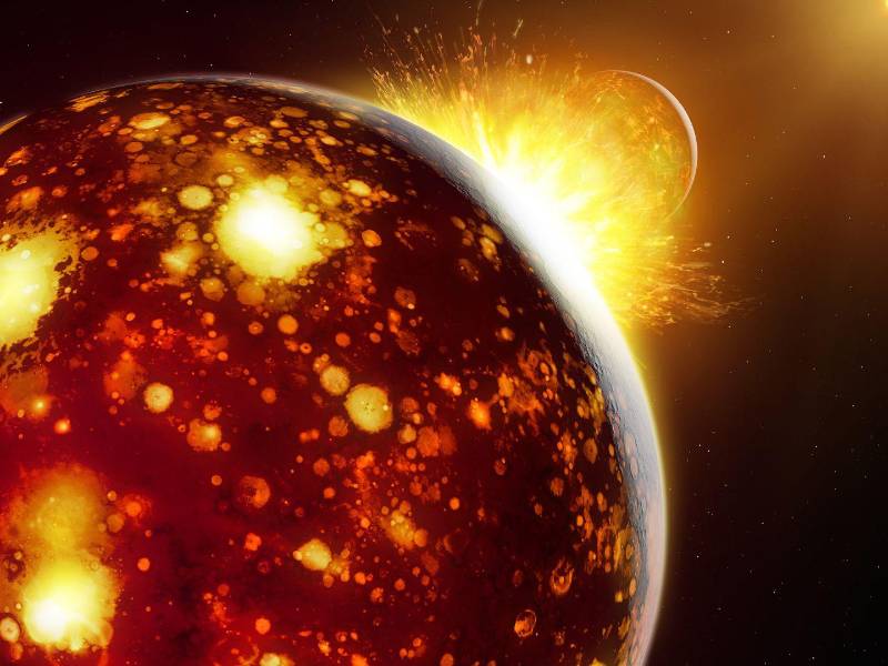 Imagen artística de la colisión entre la Tierra y Theia, con el Sol a lo lejos.