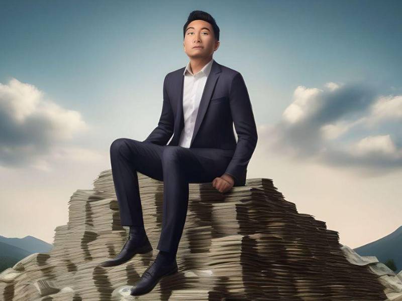 Hombre sentado sobre una montaña de dinero.