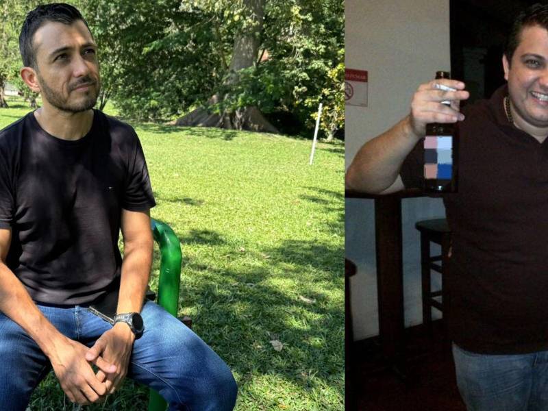 Del extremo izquierdo, Vicente Idiáquez está sentado sobre una banca en un espacio de recreación en su zona de residencia, mientras que al otro lado de la imagen se muestra una foto de archivo de su pasado, durante su etapa de consumo excesivo de alcohol.