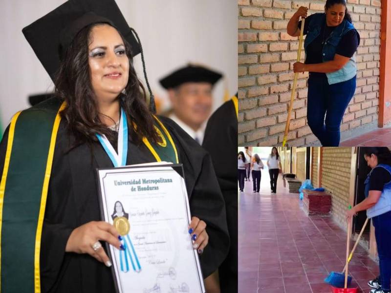 En la imagen de la izquierda, Elizabeth sostiene con orgullo su título universitario; en el lado opuesto, en un contraste profundamente irónico, aparece barriendo los pasillos de la institución educativa.