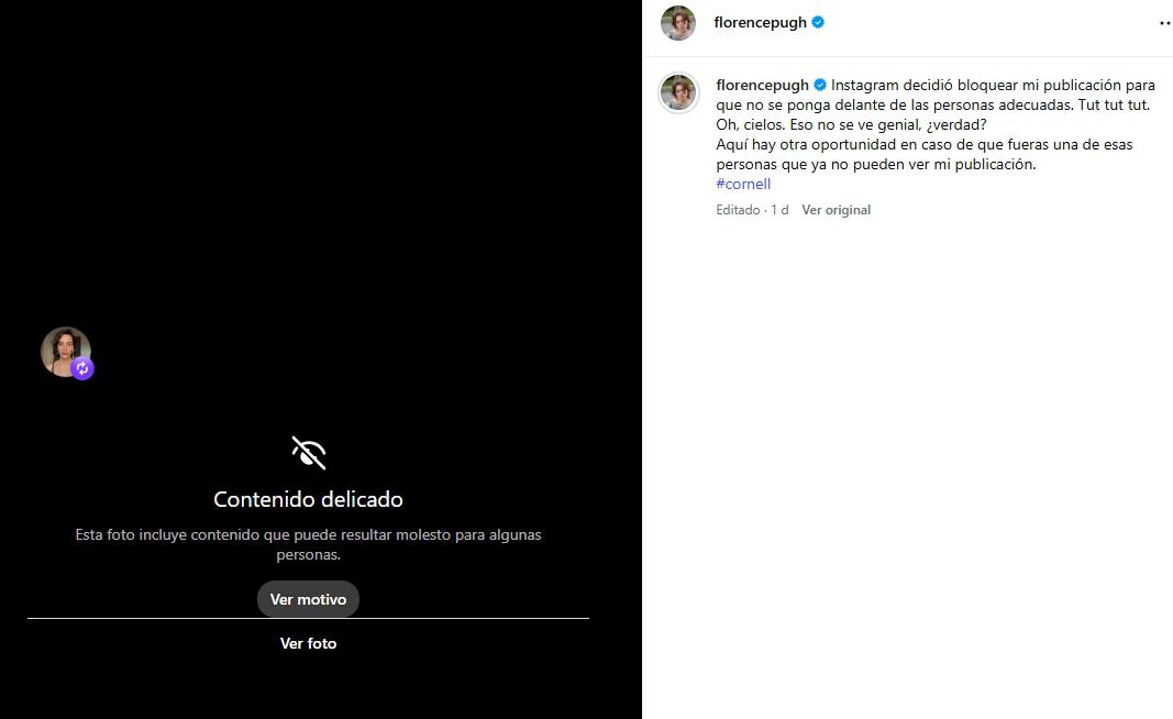 Instagram decidió bloquear mi publicación para que no se ponga delante de las personas adecuadas es parte del post que la actriz publico en su red social.