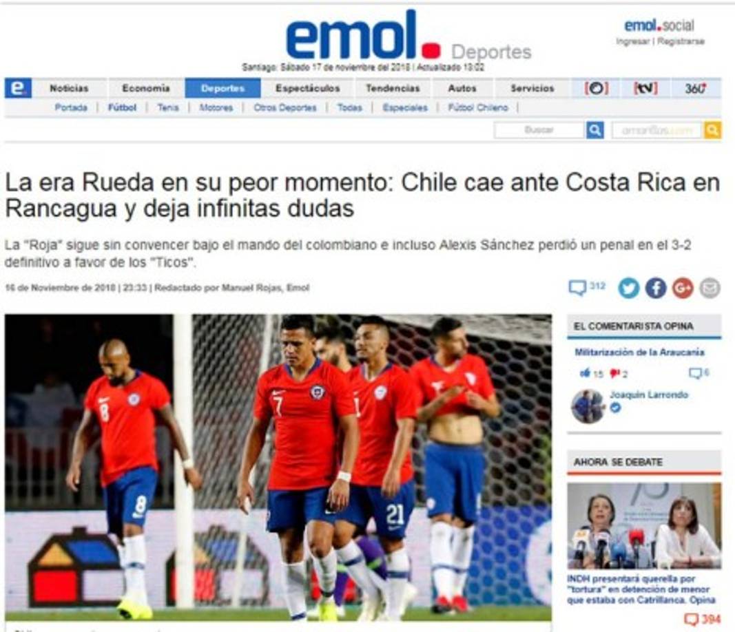 La web de El Mercurio - 'La era Rueda en su peor momento: Chile cae ante Costa Rica en Rancagua y deja infinitas dudas'. 'La 'Roja' sigue sin convencer bajo el mando del colombiano e incluso Alexis Sánchez perdió un penal en el 3-2 definitivo a favor de los Ticos'.
