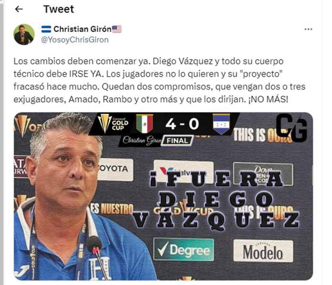 Periodistas hondureños reaccionaron por el 4-0 encajado ante México y muchos señalan a Diego Vázquez. 
