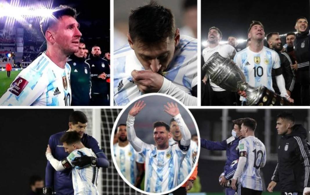 Lionel Messi se mostró muy emocionado, rompió a llorar tras su triplete ante Bolivia en la eliminatoria sudamericana en el estadio Monumental y cantó como nunca en el festejo con la afición por la conquista de la última Copa América. Foto EFE y AFP